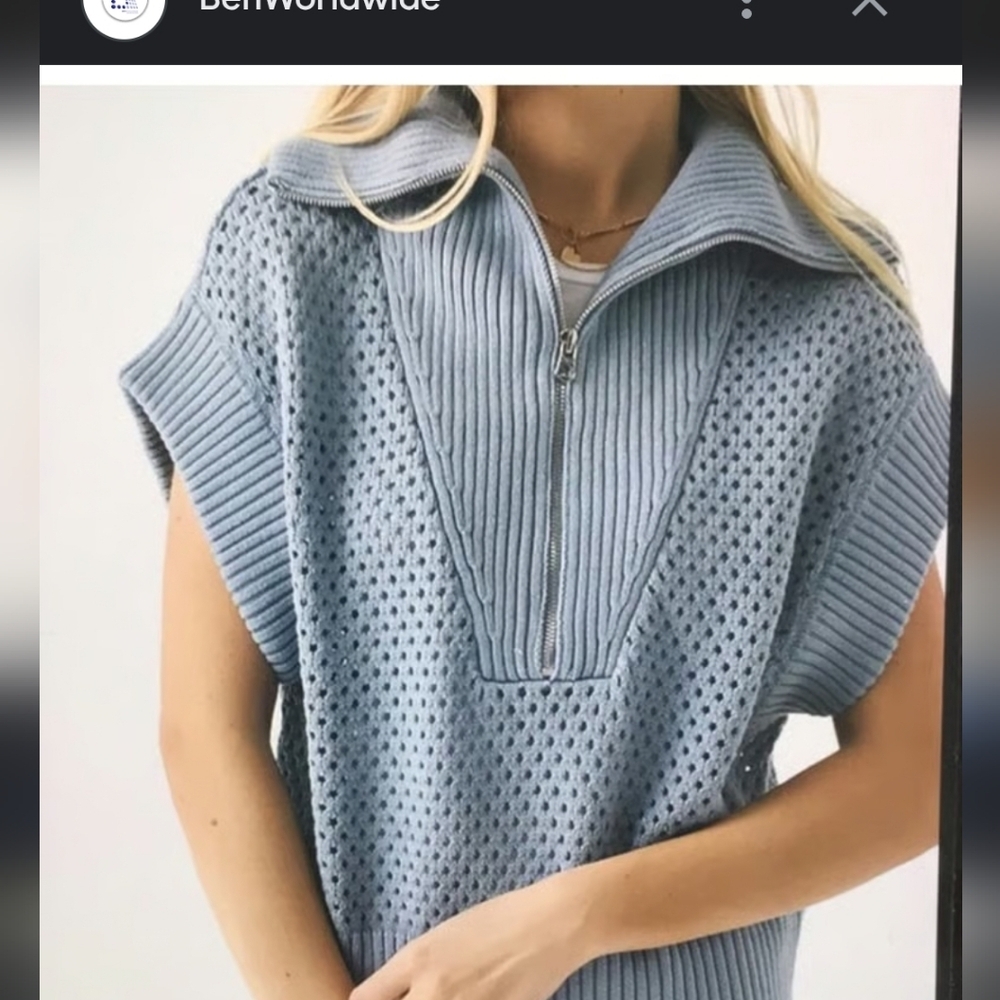 Joie Light Blue Large Half Zip Knit Sweater Vest Very Unique Piece Oversized